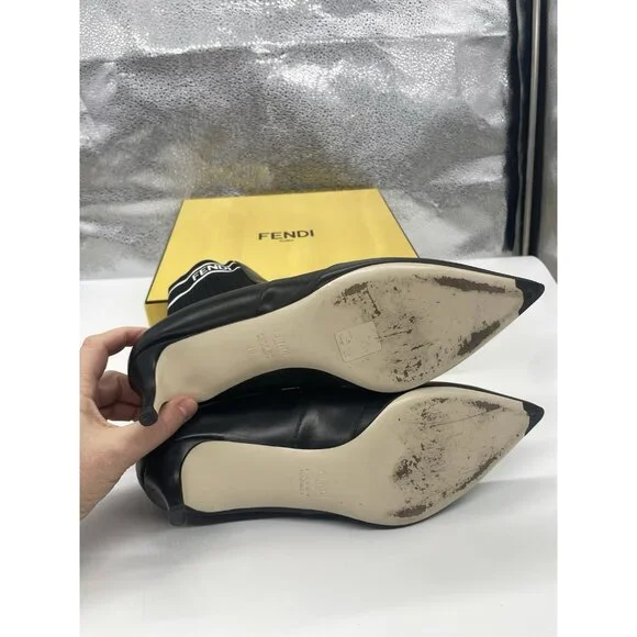 Fendi Rockoko Black Leather Boots Stretch FF Logo Sock Ankle Kitten Heel EU 40 - Picture 7 of 7